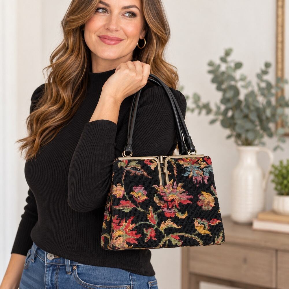 Vintage Floral Needlepoint Tapestry Handbag Black Multicolor Flower Frame Purse